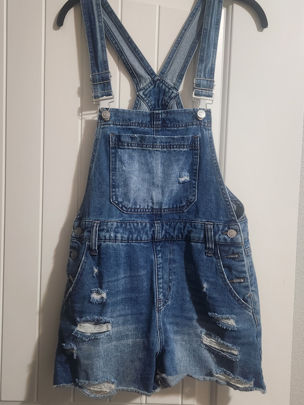 Altar'd State Blue Distressed Denim Short Overalls